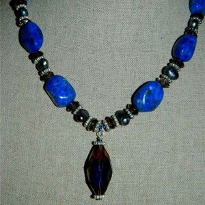 Semi-Precious Beaded Statement Pendant Necklace Lapis ,Grey Pearls, Iolite .925